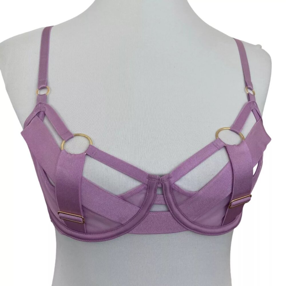 Victoria's Secret VERY SEXY Unlined Strappy Demi Bra Purple Bandage Cage Cup 34C
